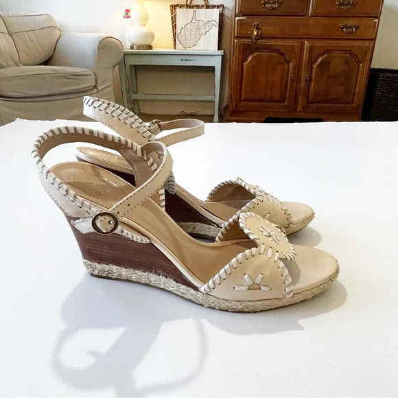 Jack Rogers Cream Leather Whipstitch Wedge Sandals Size 9 Vacation‎ Cruise Beach - Picture 6 of 6